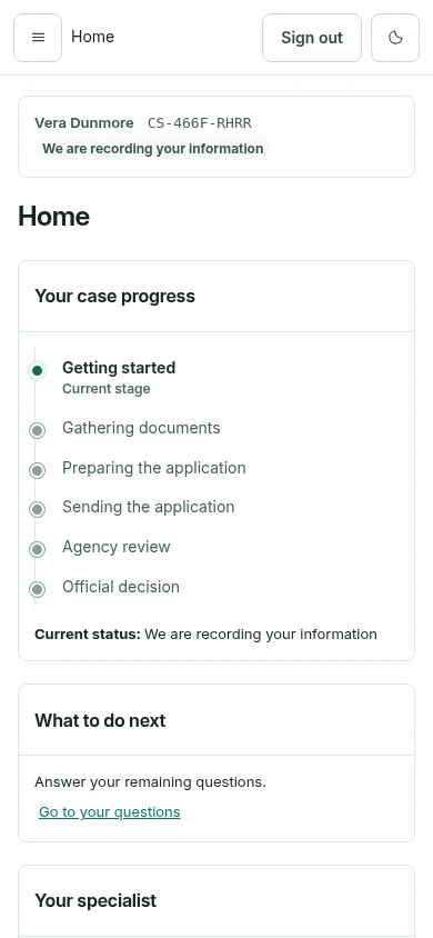 The applicant portal on a phone: case progress and what to do next