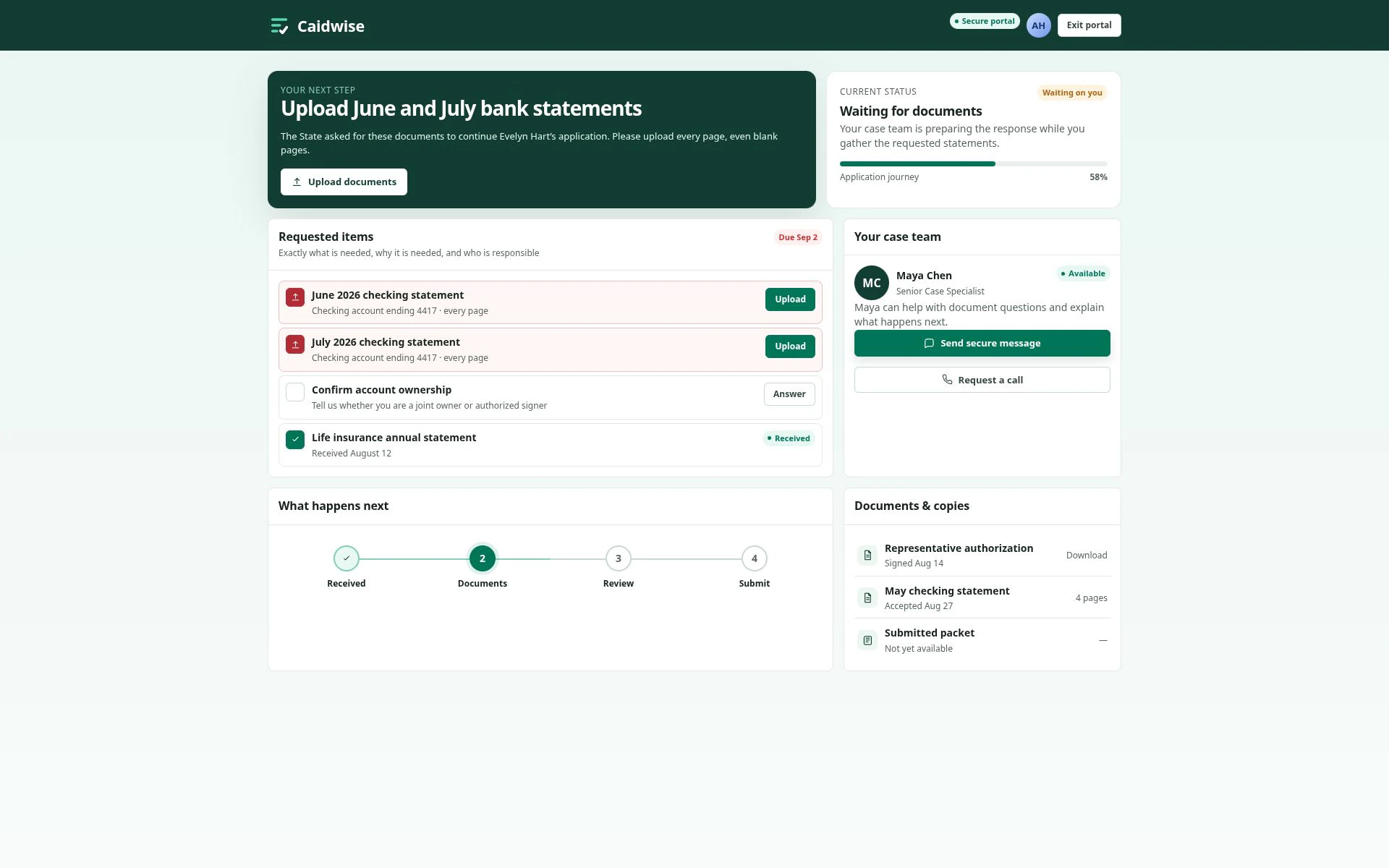 Applicant portal with readable requests, progress, and case-team details.