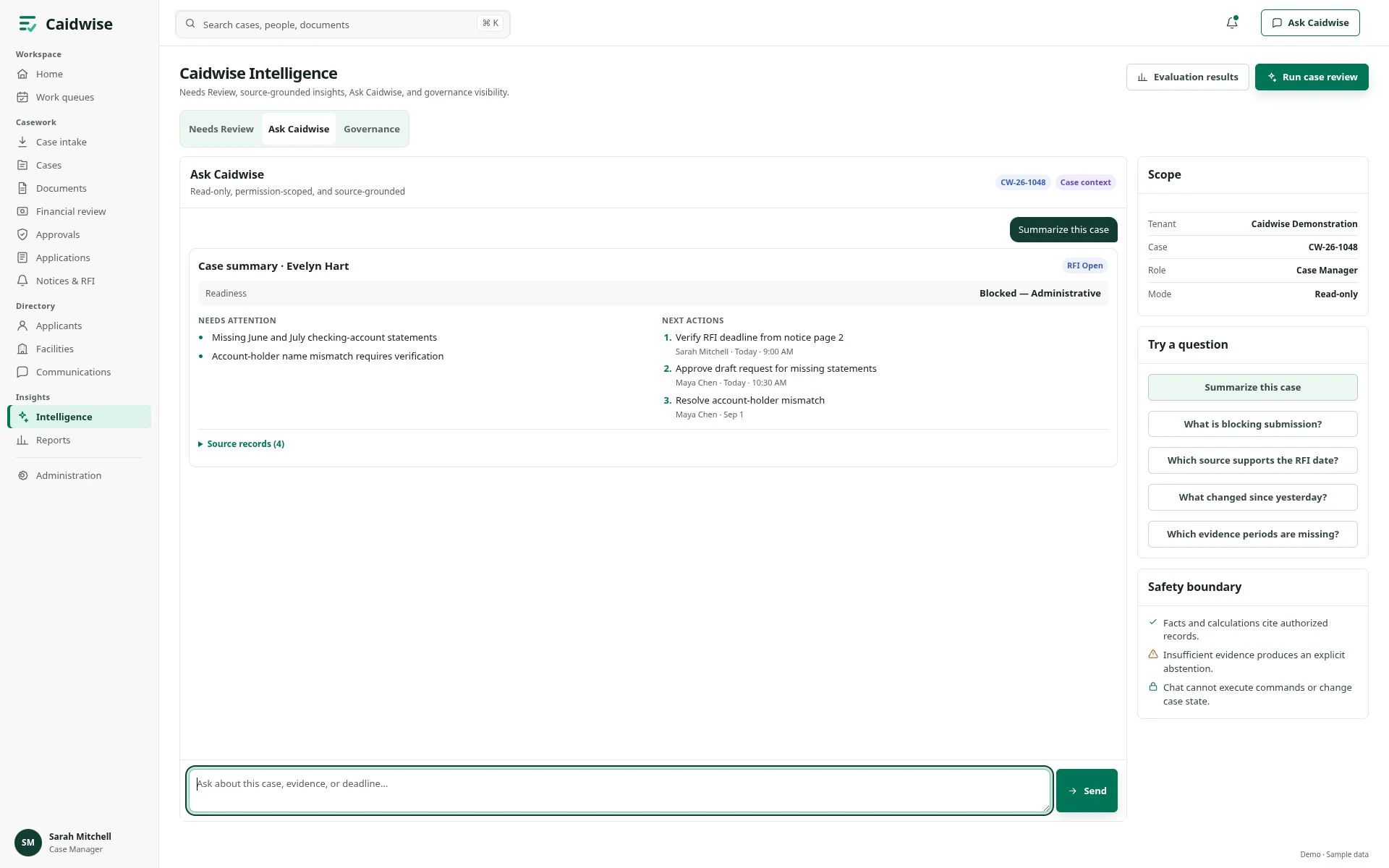 Ask Caidwise showing a structured case summary, blockers, next steps, and source records.