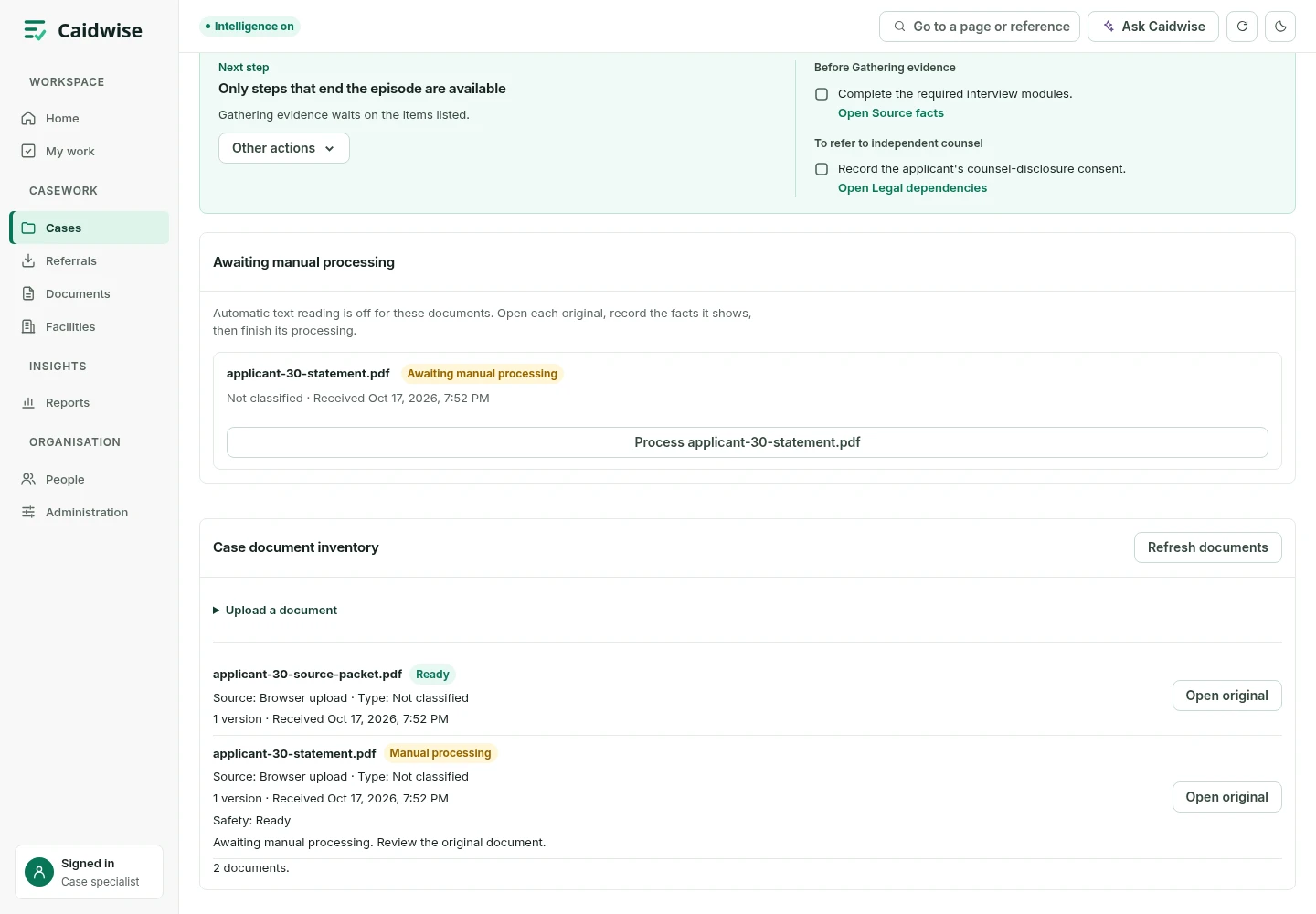 The case document inventory with processing and safety states
