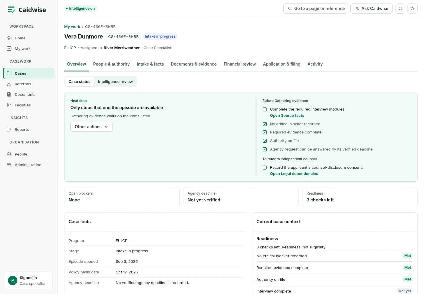 A case overview in Caidwise: the next step, its blockers, readiness checks and case facts