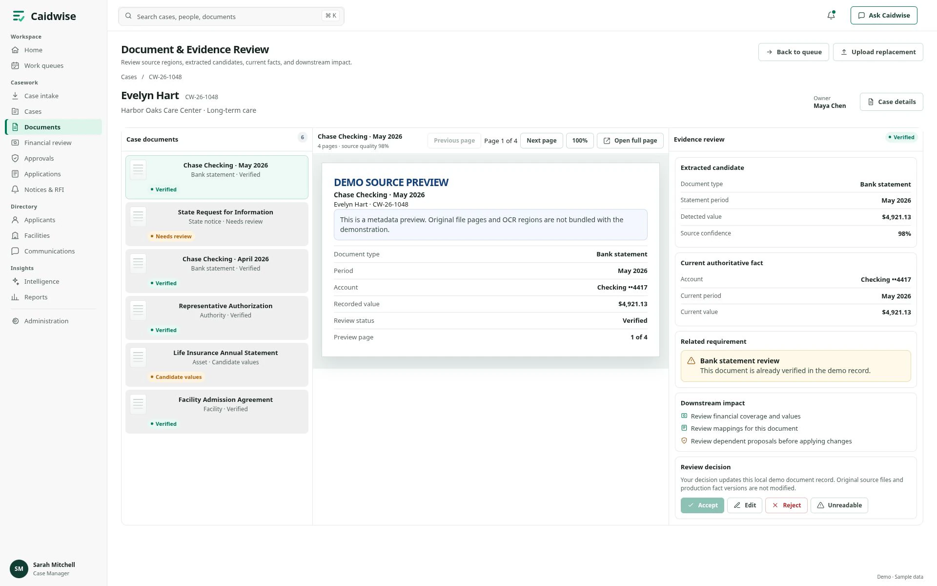 Document and Evidence Review with document metadata and candidate values.