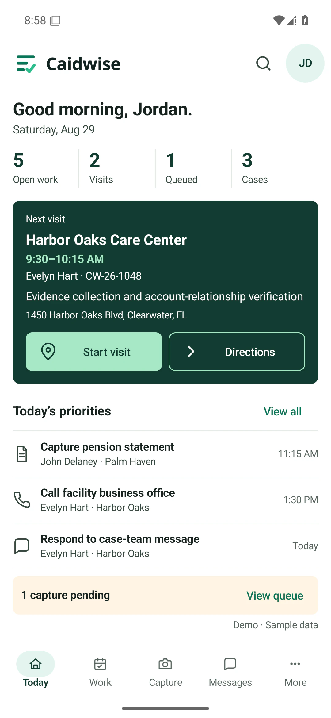 Native mobile Today screen with the next visit, assigned priorities, capture queue, and bottom navigation.