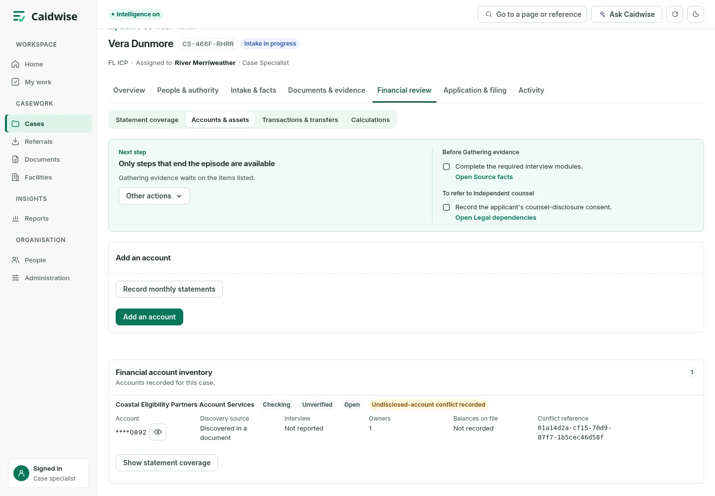 Financial review listing an account found in a document and flagged as undisclosed