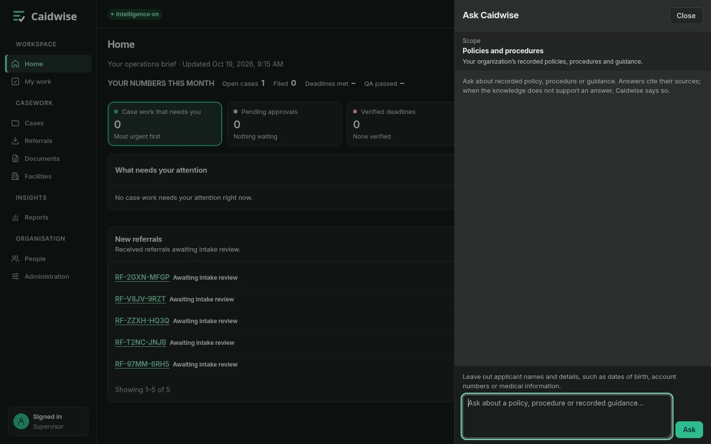 Caidwise in dark mode with the Ask panel open beside the home page